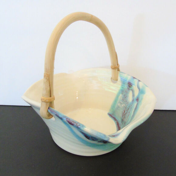 Studio Art Pottery BASKET w/ BAMBOO HANDLE 8" Ocean Sea Blue Cream Artist Signed - Picture 7 of 7
